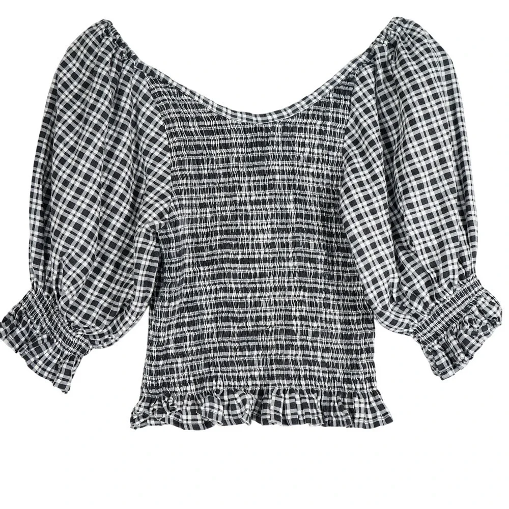 Faithfull The Brand Black White‎ Gingham Linen Smocked Puff Sleeve Blouse S